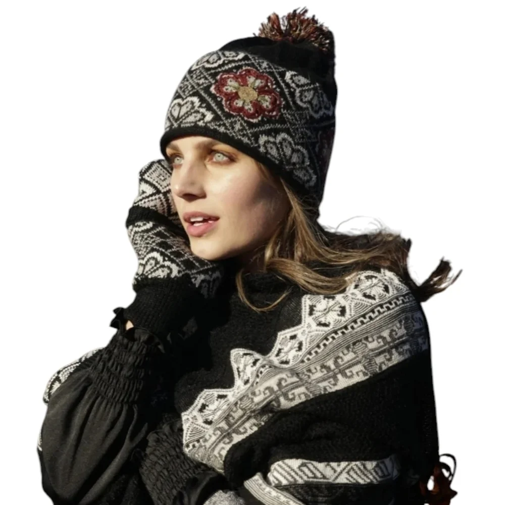 Peruvian Link Sienna Alpaca Black and Red Floral Knit Pom-Pom Beanie